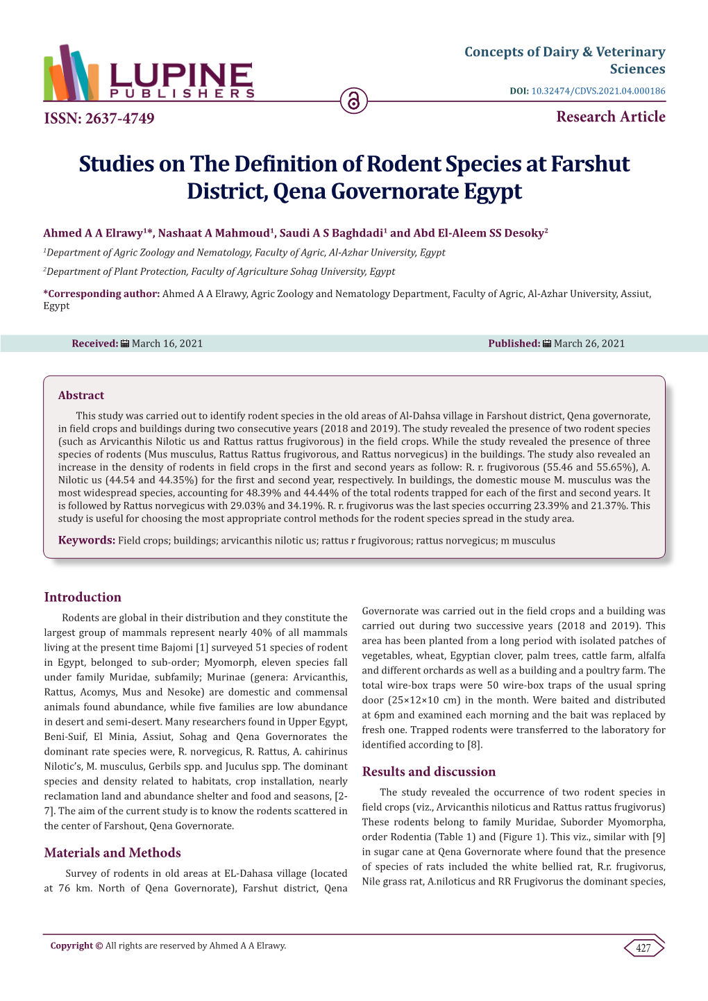 Studies on the Definition of Rodent Species at Farshut District, Qena Governorate Egypt