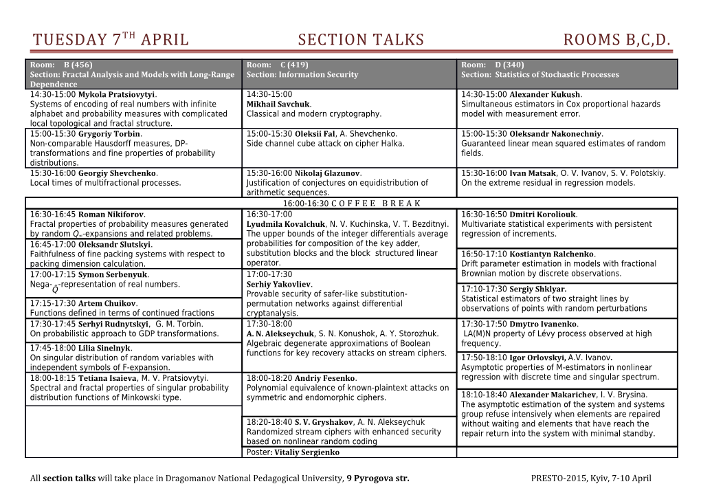 Tuesday 7Th April Section Talks Rooms B,C,D