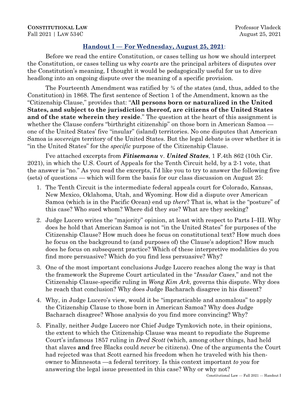 Constitutional Law -- Fall 2021 -- Handout I