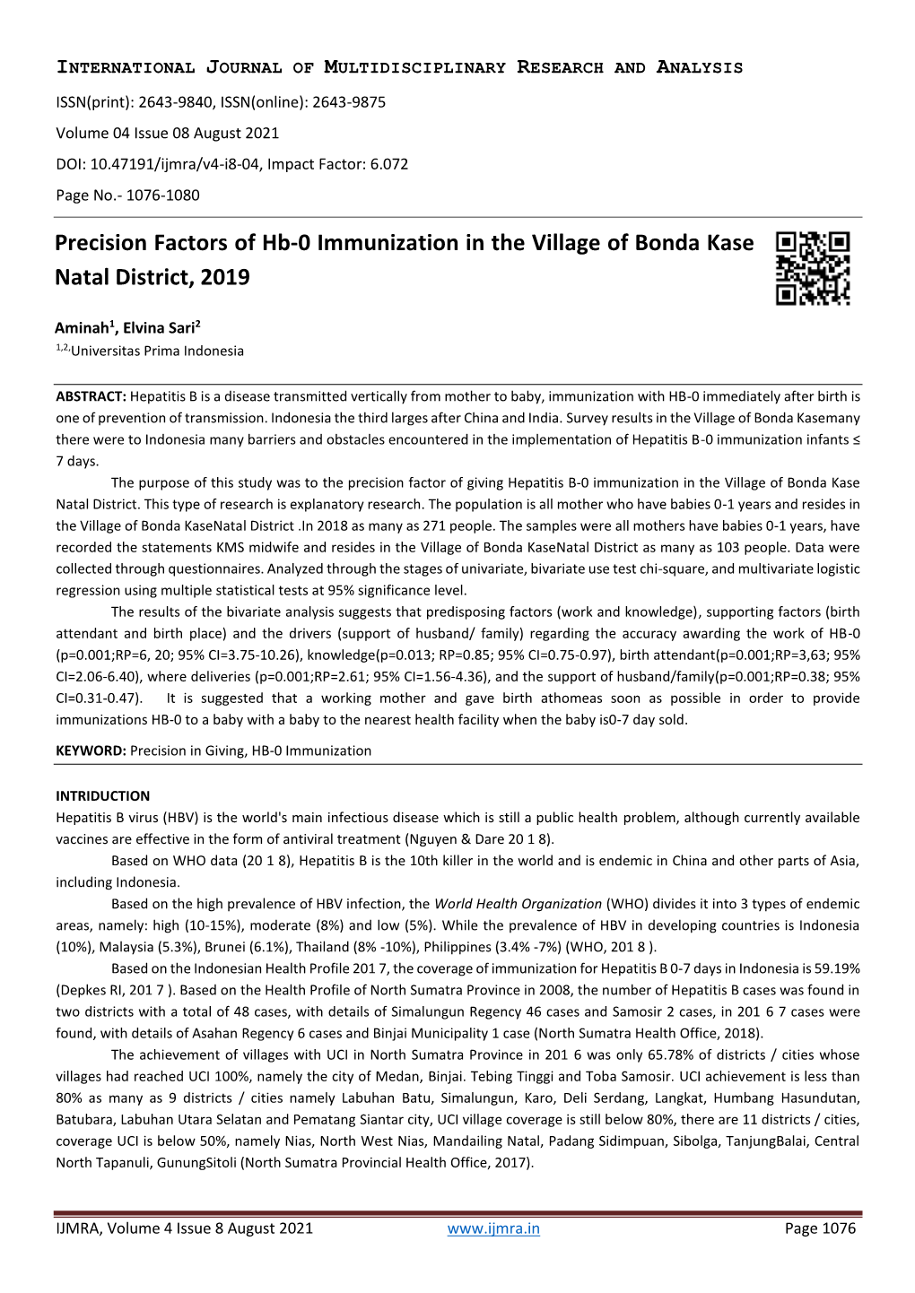 Precision Factors of Hb-0 Immunization in the Village of Bonda Kase Natal District, 2019