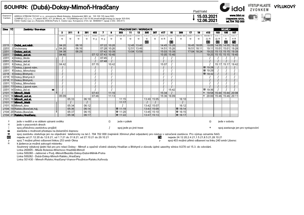 (Dubá)-Doksy-Mimoň-Hradčany VÝLUKOVÝ Platí/Valid Dopravci/ ARRIVA STŘEDNÍ ČECHY S.R.O., Provozovna Mladá Boleslav, Boleslavská 98/6, Tel