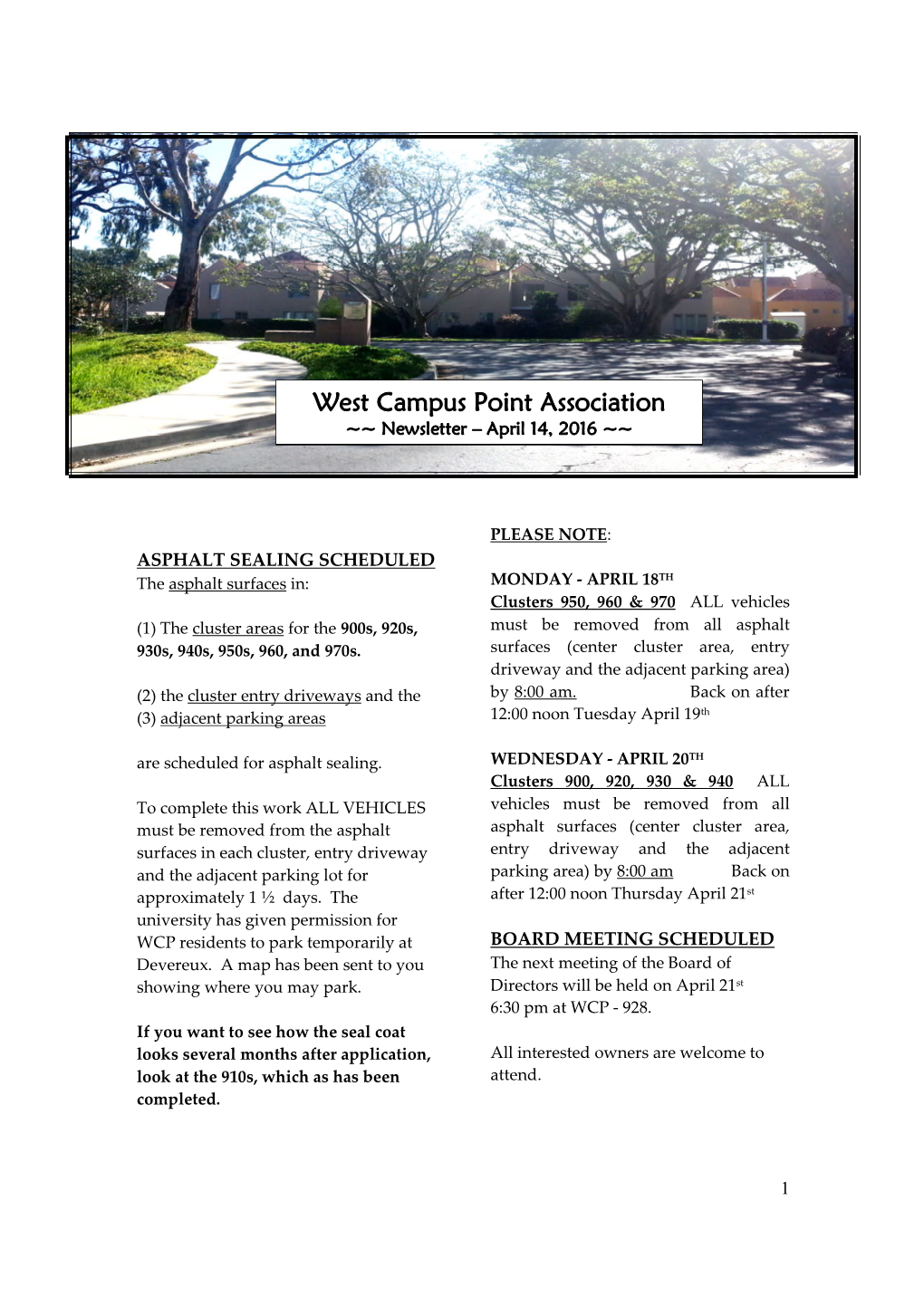 West Campus Point Association ~~ Newsletter – April 14, 2016 ~~