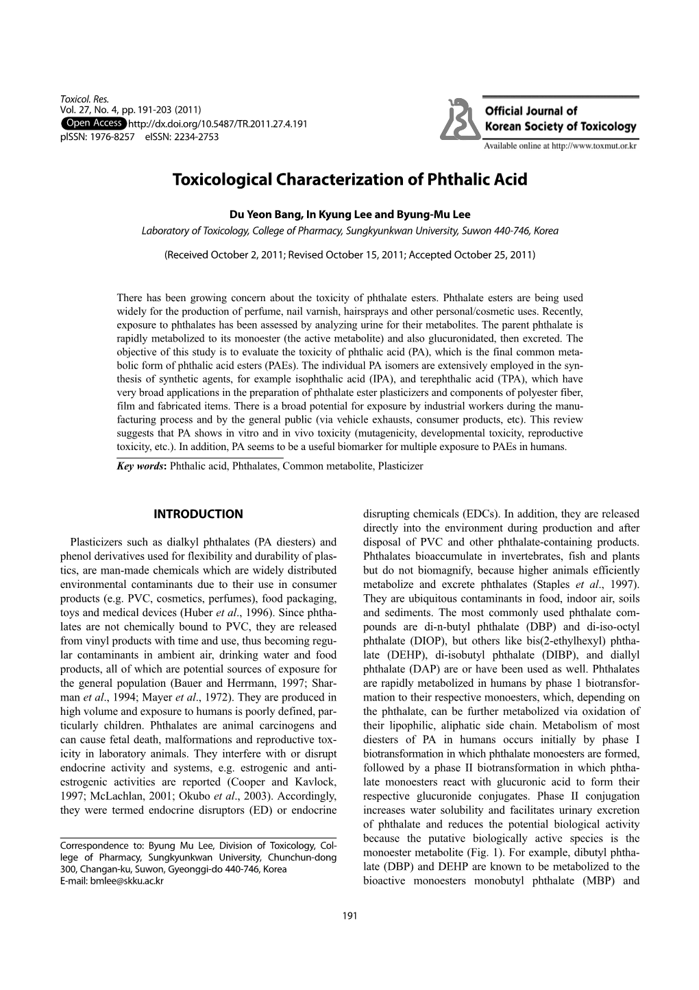 Toxicological Characterization of Phthalic Acid