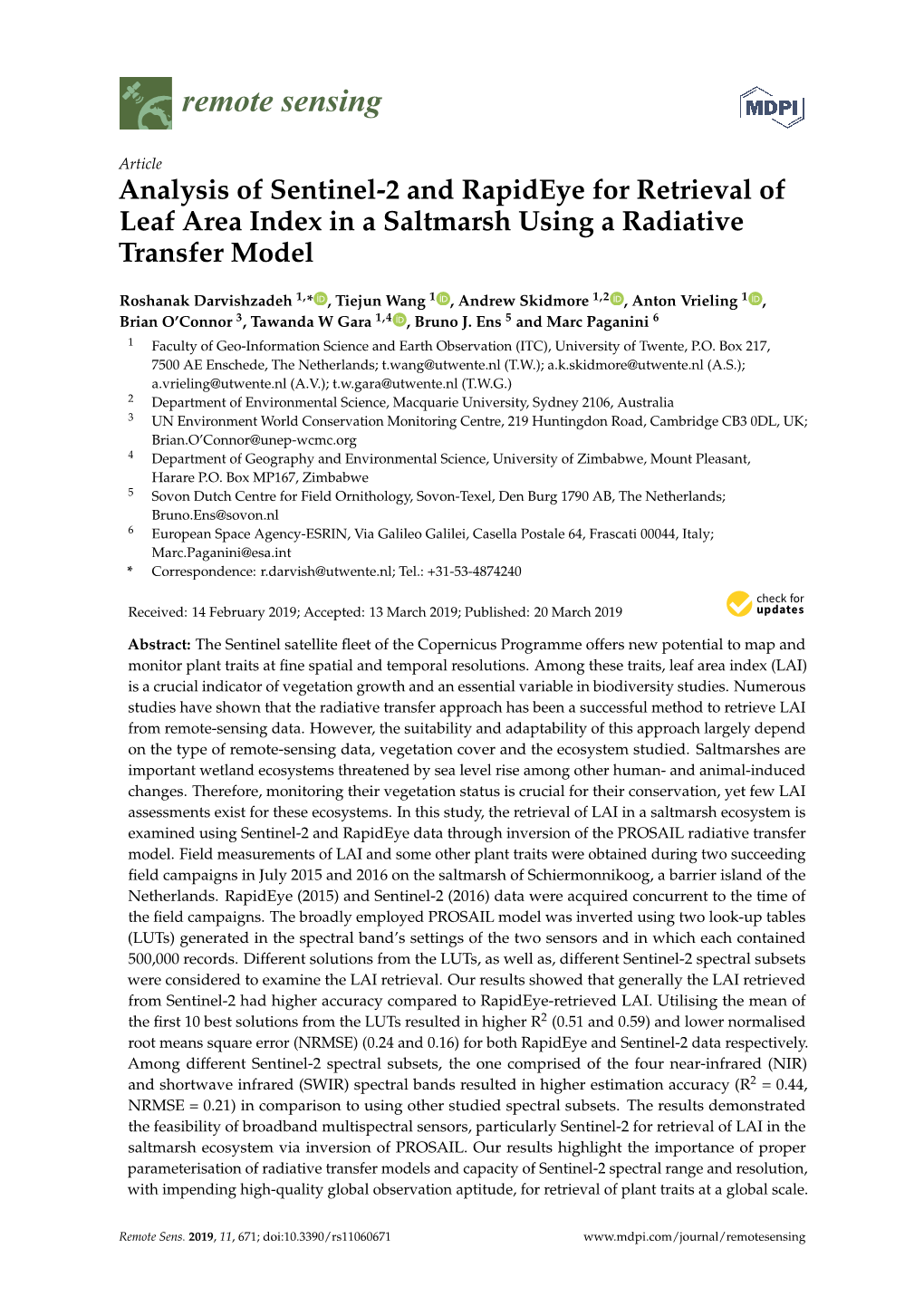 Analysis of Sentinel-2 and Rapideye for Retrieval of Leaf Area Index in a Saltmarsh Using a Radiative Transfer Model