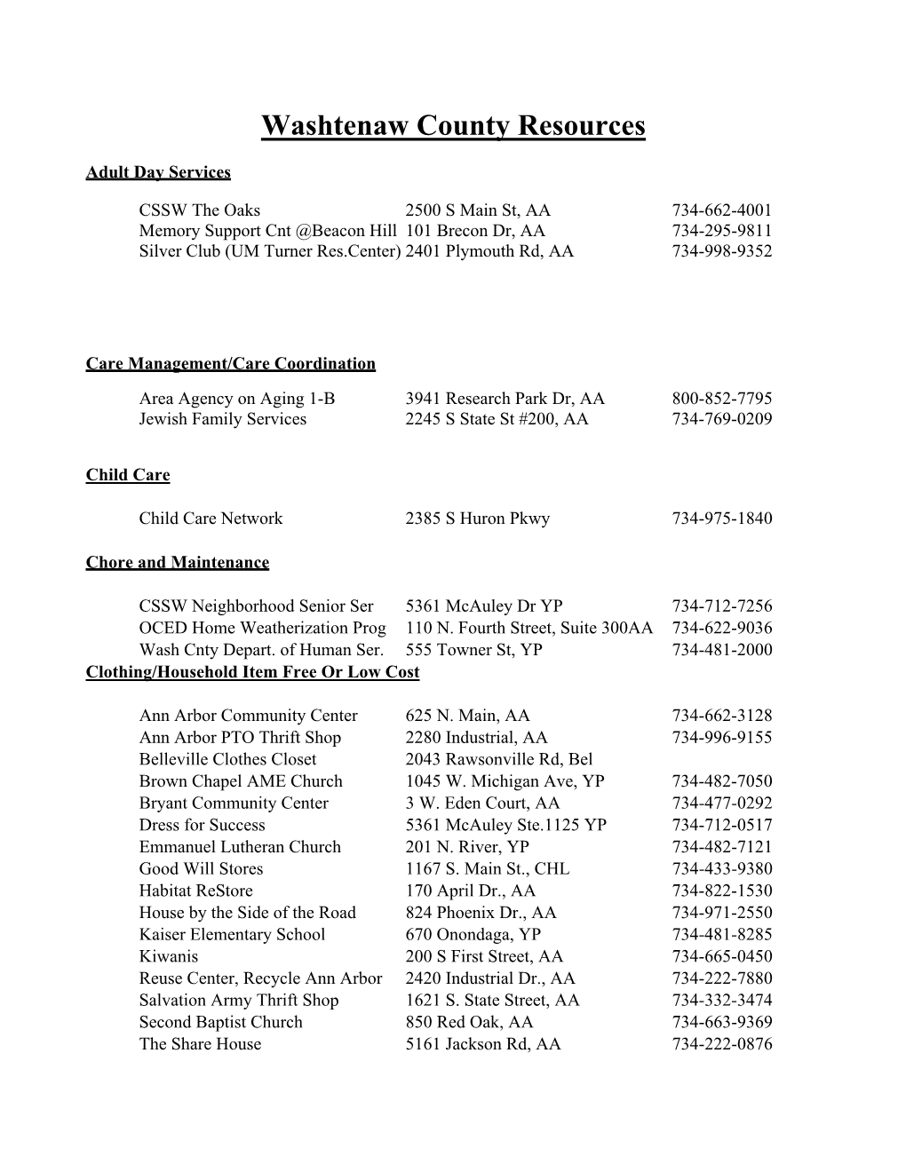 Washtenaw County Resources