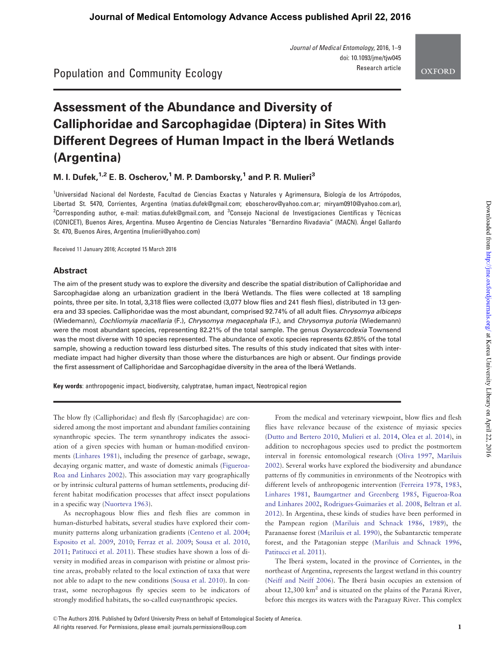 Diptera) in Sites with Different Degrees of Human Impact in the Ibera� Wetlands (Argentina