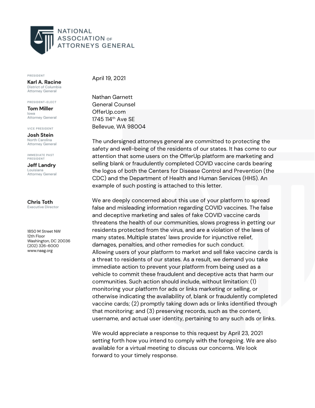 April 19, 2021 Nathan Garnett General Counsel Offerup.Com 1745 114Th Ave SE Bellevue, WA 98004 the Undersigned Attorneys General