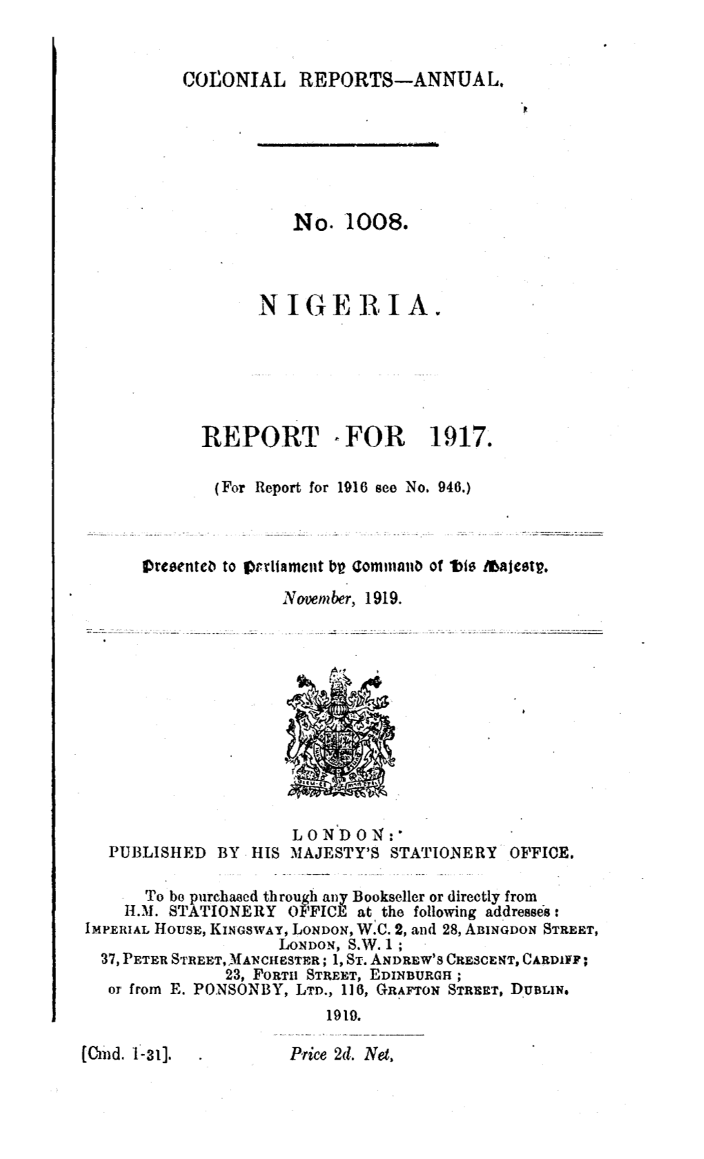 Annual Report of the Colonies, Nigeria, 1917