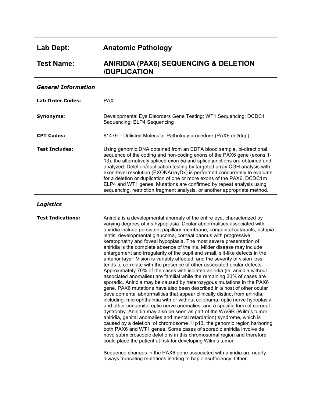 Aniridia (PAX6) Sequencing & Deletion/Duplication