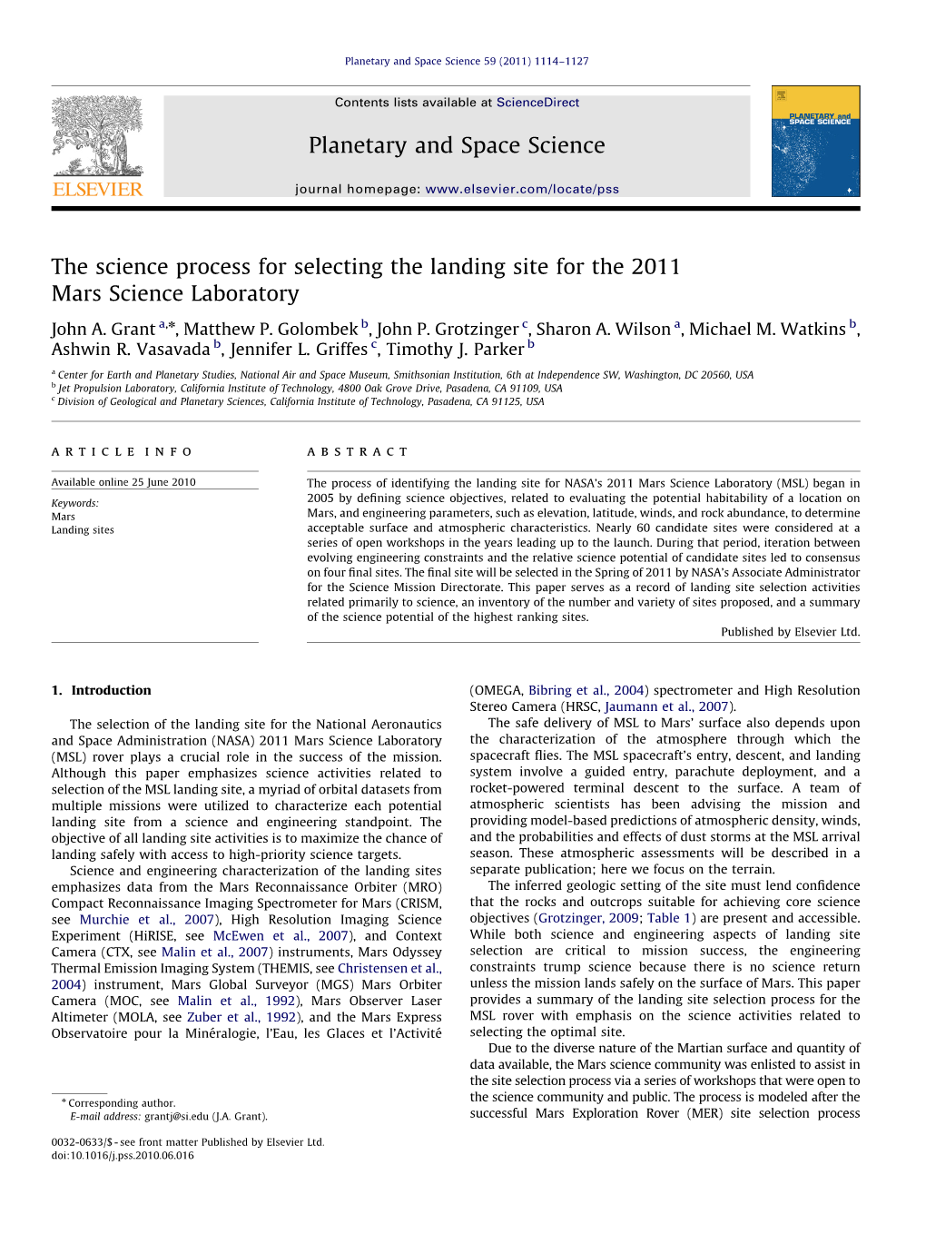 The Science Process for Selecting the Landing Site for the 2011 Mars Science Laboratory