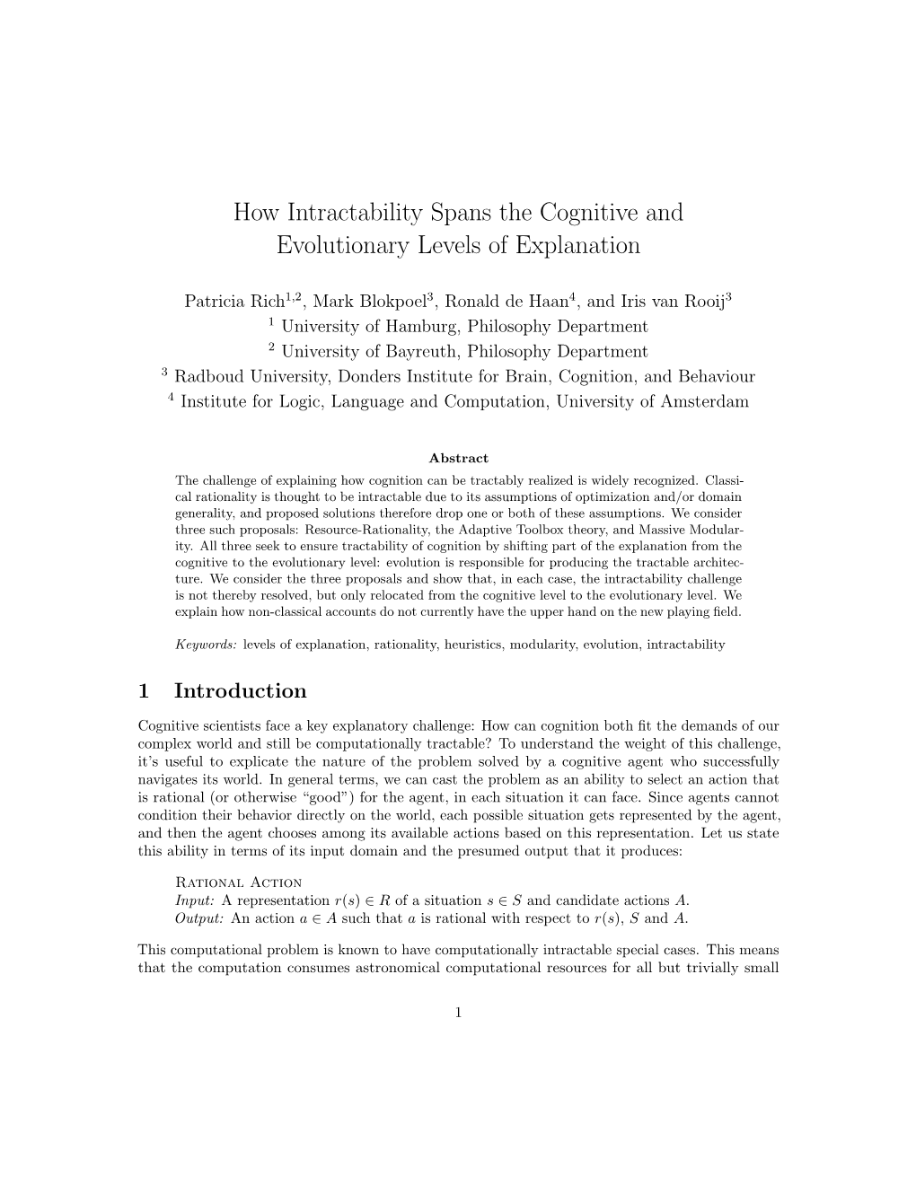 How Intractability Spans the Cognitive and Evolutionary Levels of Explanation