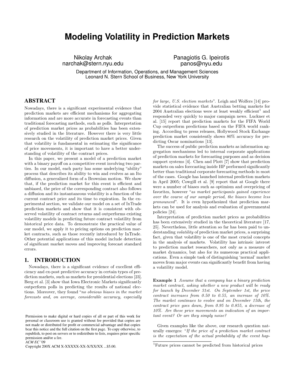 Modeling Volatility in Prediction Markets