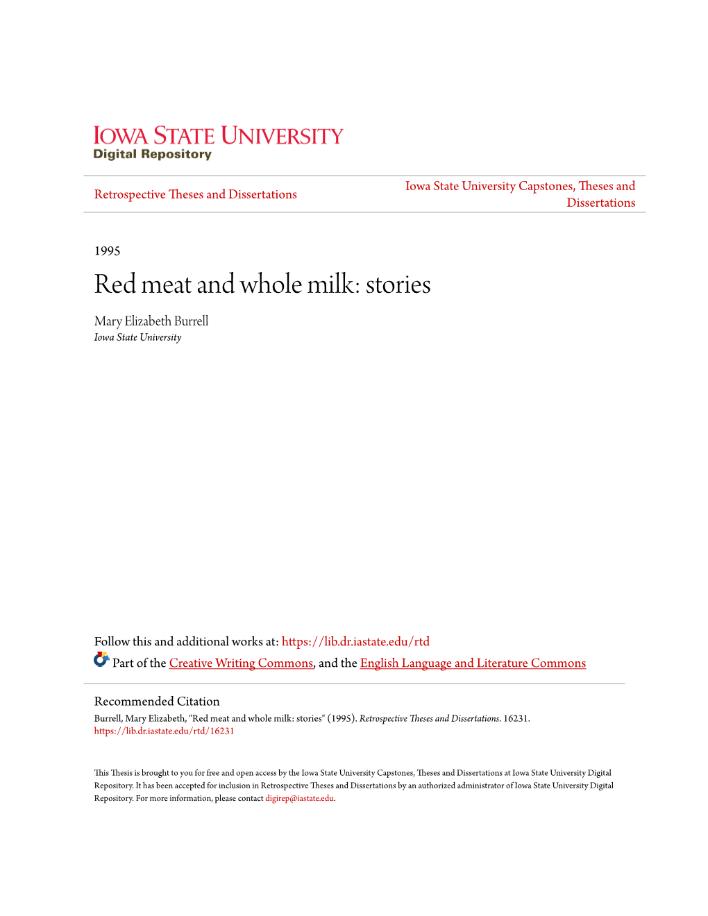 Red Meat and Whole Milk: Stories Mary Elizabeth Burrell Iowa State University