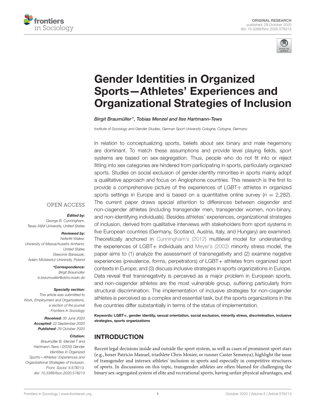 Gender Identities in Organized Sports—Athletes' Experiences And