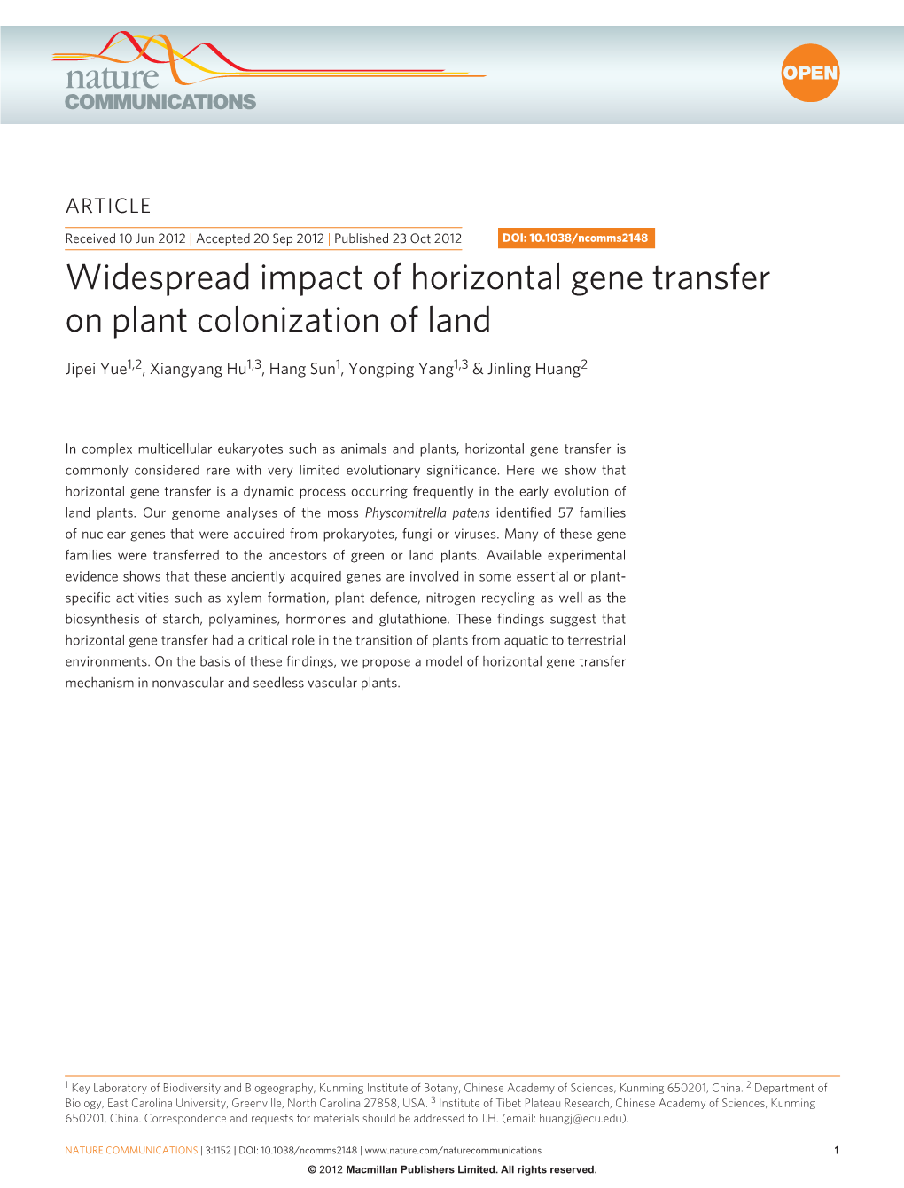 Widespread Impact of Horizontal Gene Transfer on Plant Colonization of Land