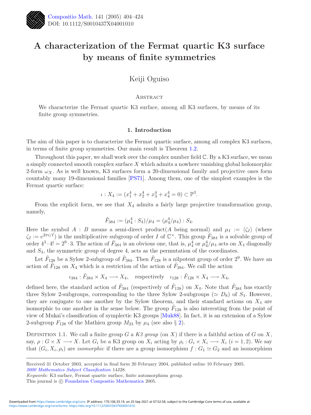 A Characterization of the Fermat Quartic K3 Surface by Means of ﬁnite Symmetries