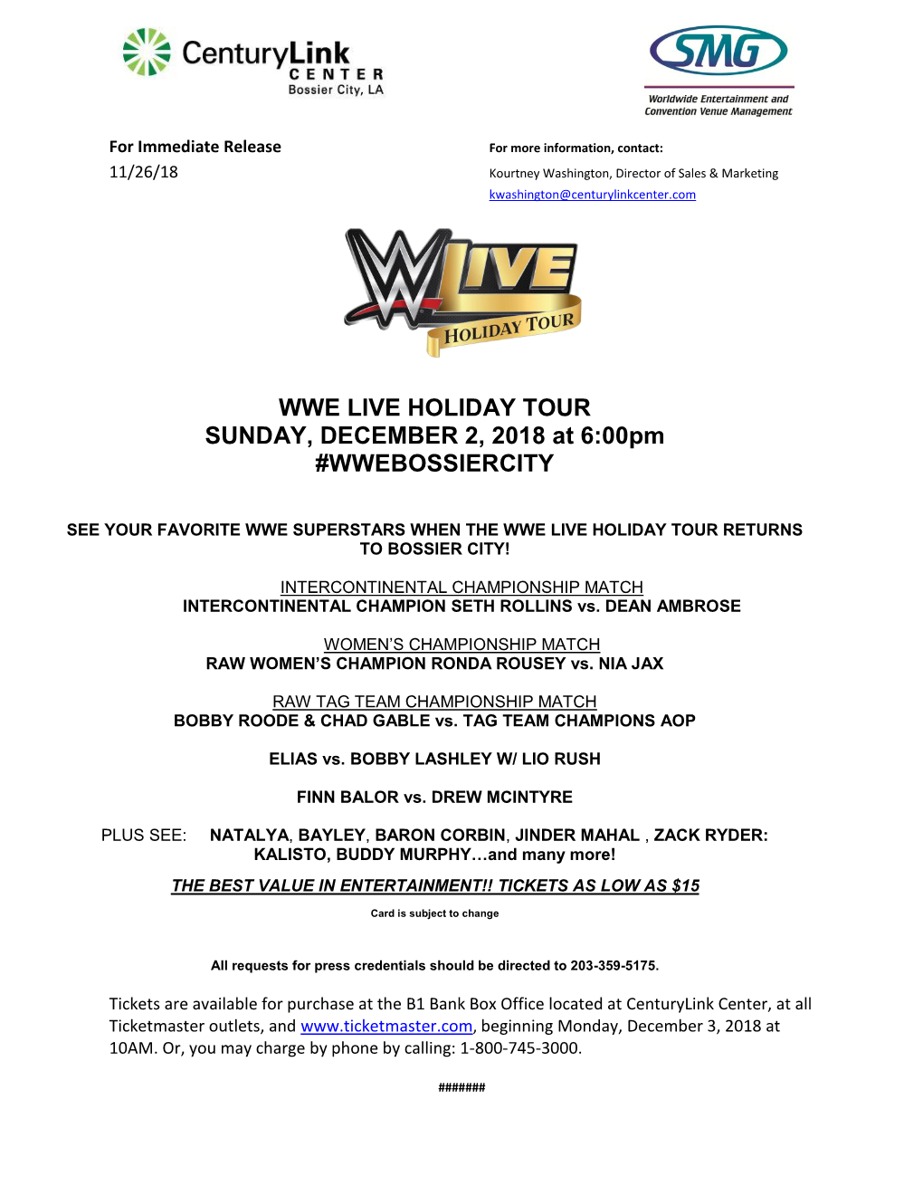 WWE LIVE HOLIDAY TOUR SUNDAY, DECEMBER 2, 2018 at 6:00Pm #WWEBOSSIERCITY