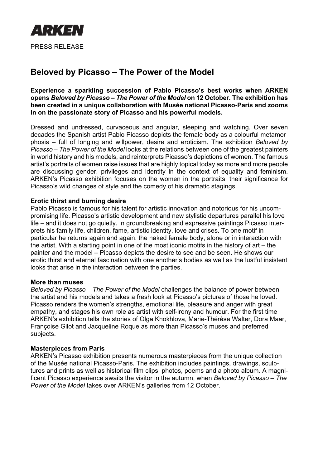 Press Release Beloved by Picasso