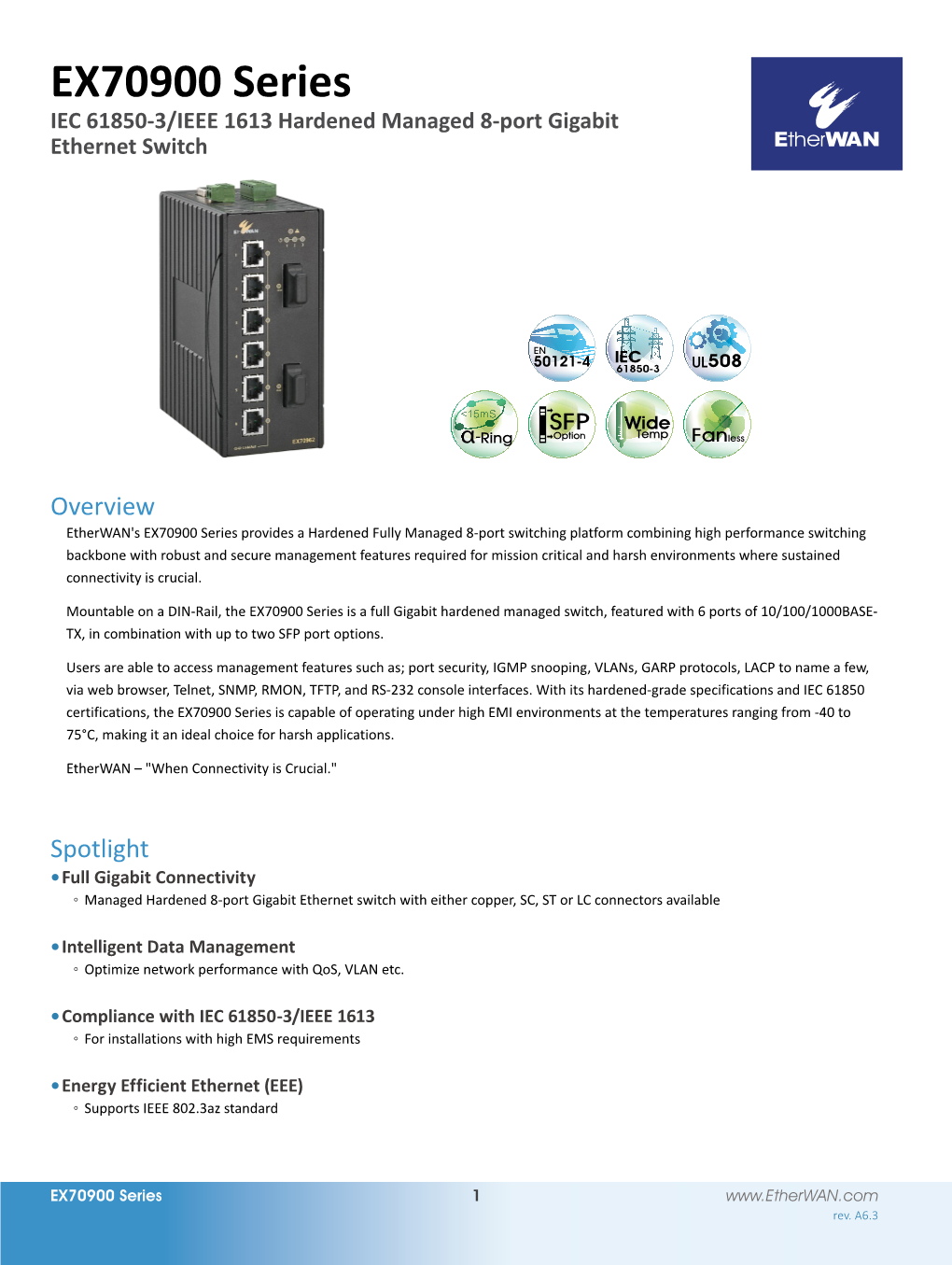 EX70900 Series IEC 61850-3/IEEE 1613 Hardened Managed 8-Port Gigabit Ethernet Switch