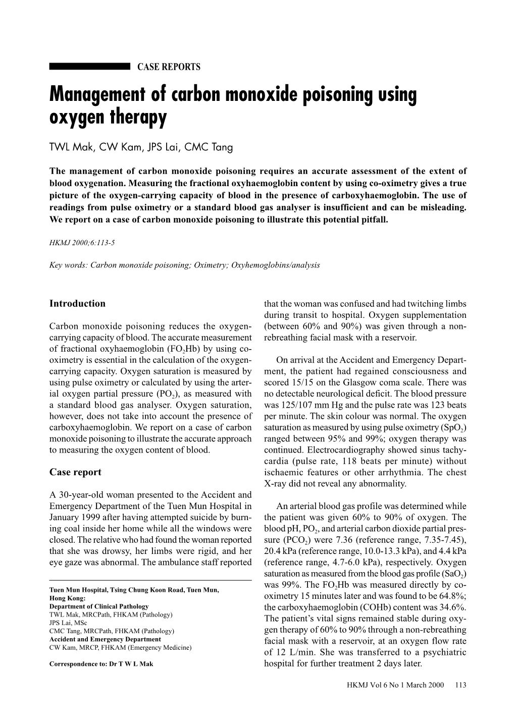 Management of Carbon Monoxide Poisoning Using Oxygen Therapy