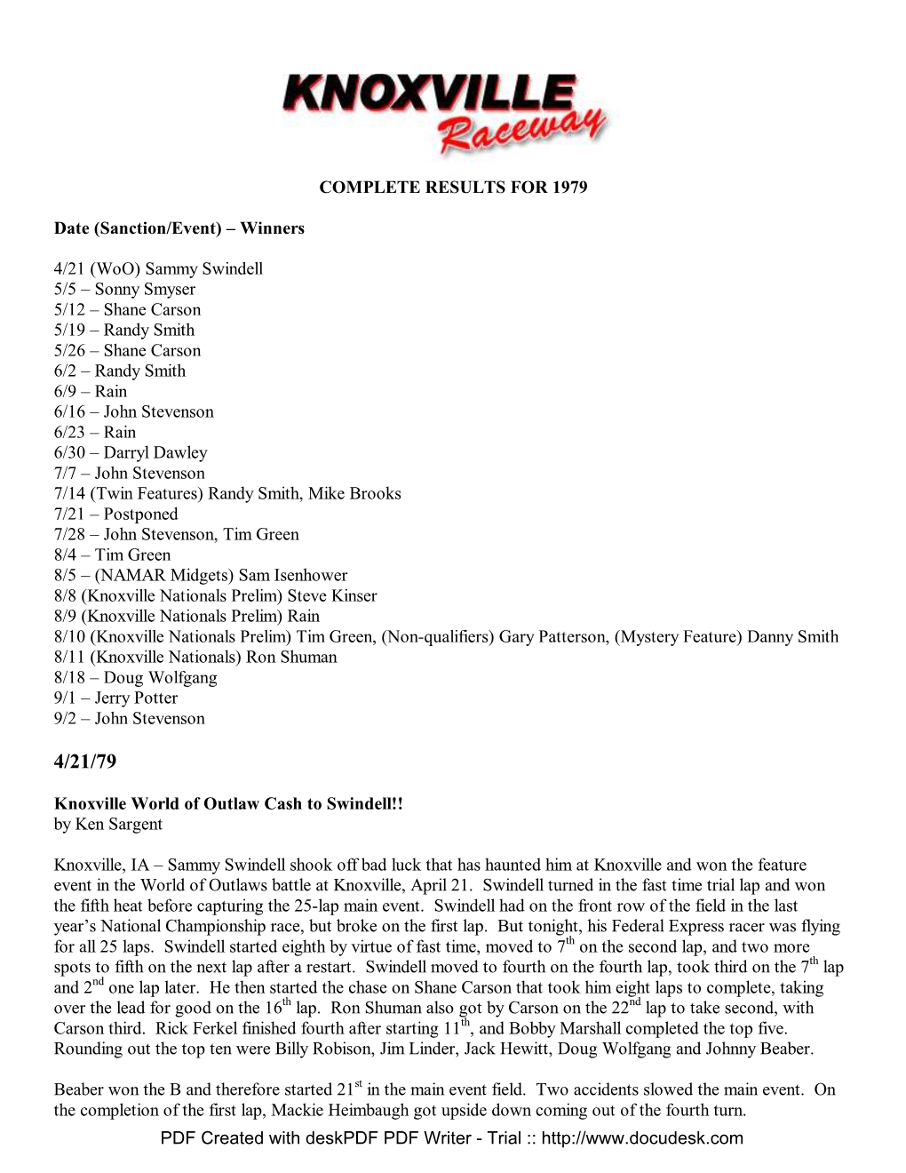 1979 Results, Stories and Points