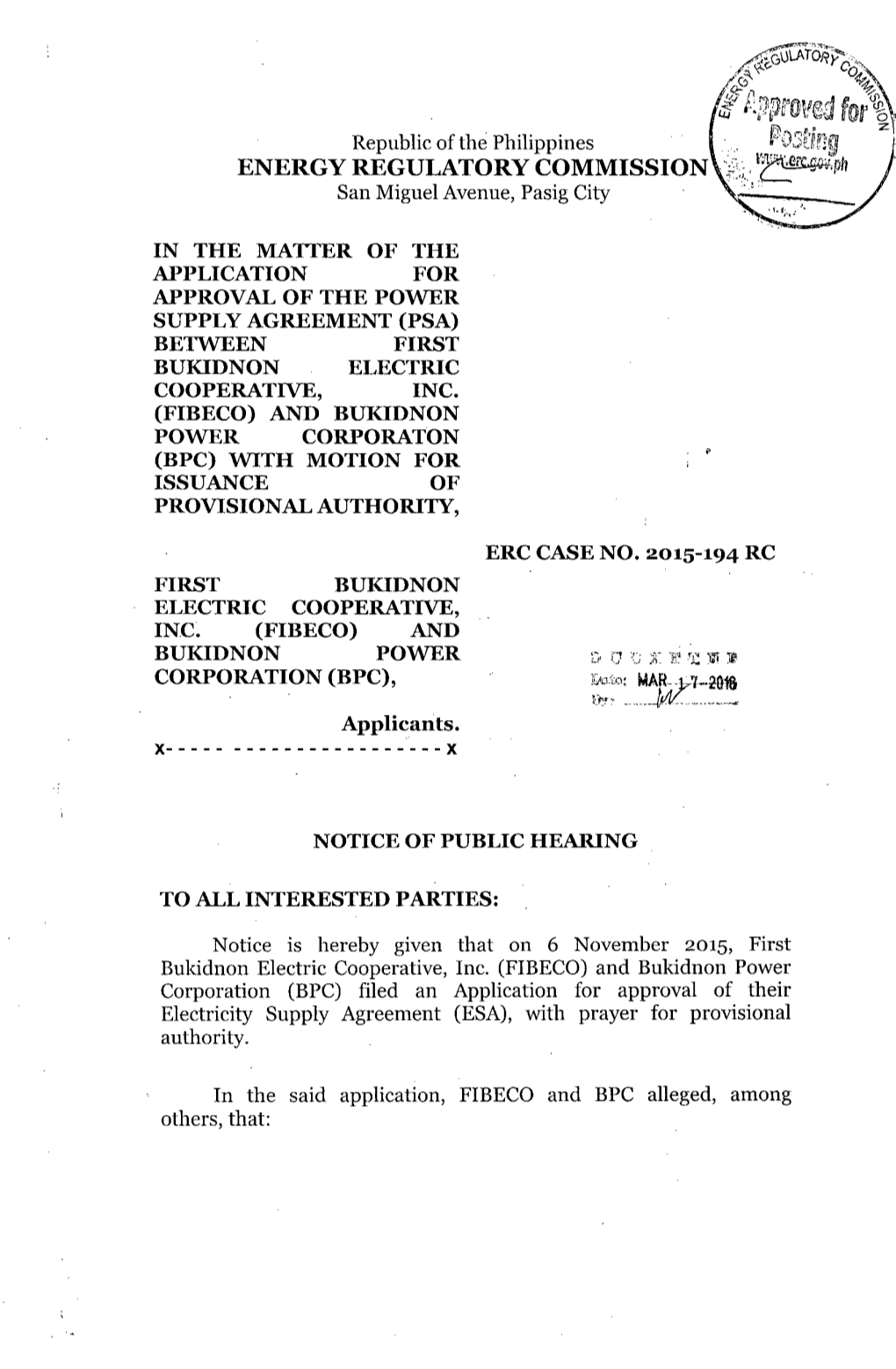 NPH, ERC Case No. 2015-194 RC