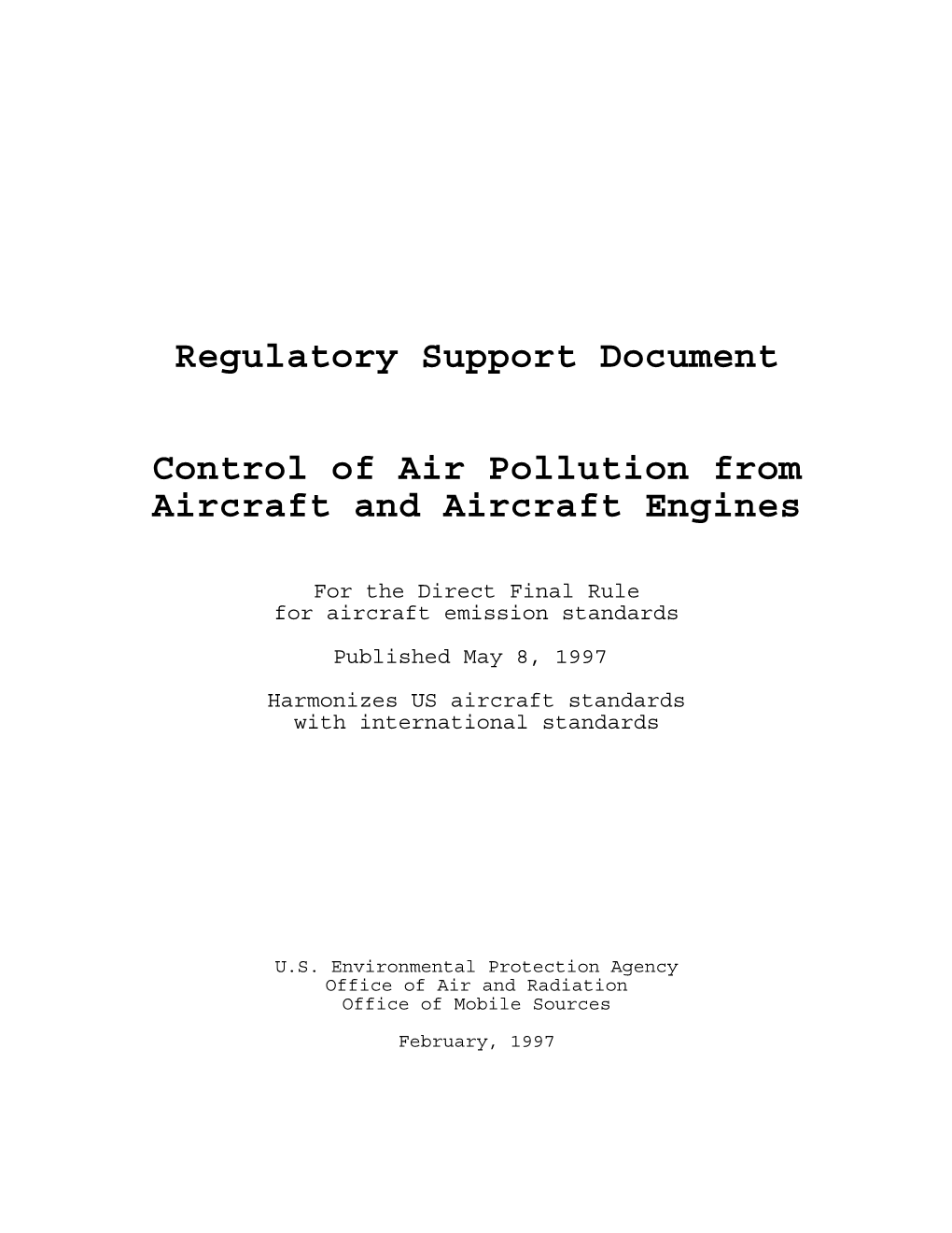 Regulatory Support Document Control of Air Pollution from Aircraft