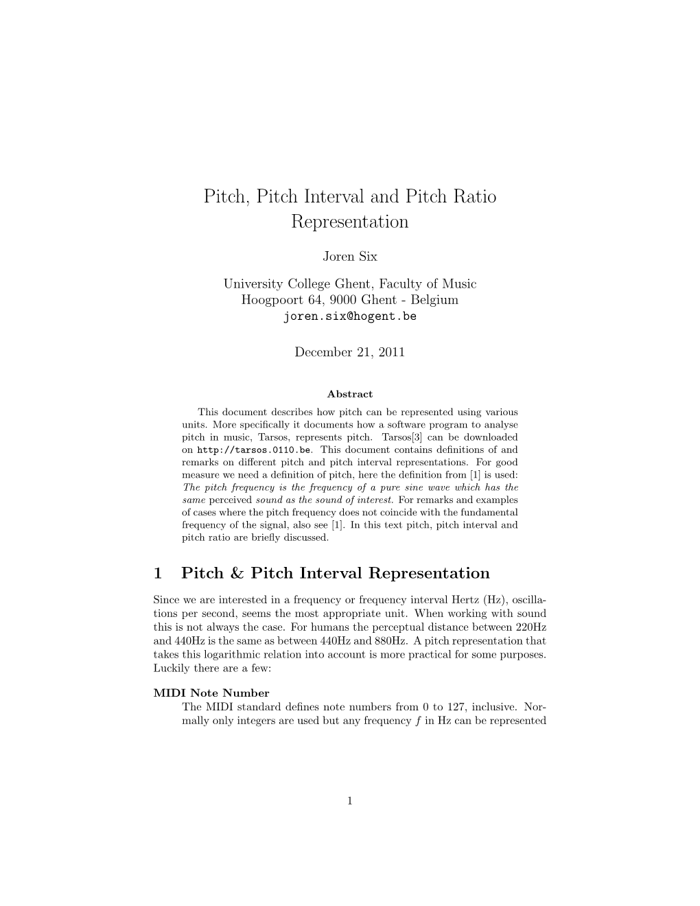 Document About Pitch, Pitch Interval, and Pitch Ratio Representation