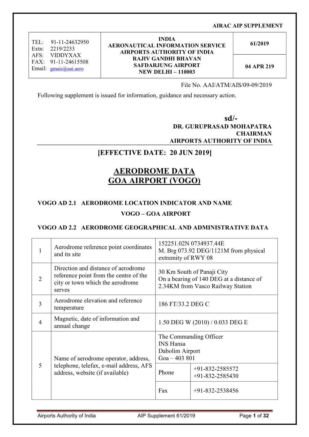 Aerodrome Data Goa Airport (Vogo)