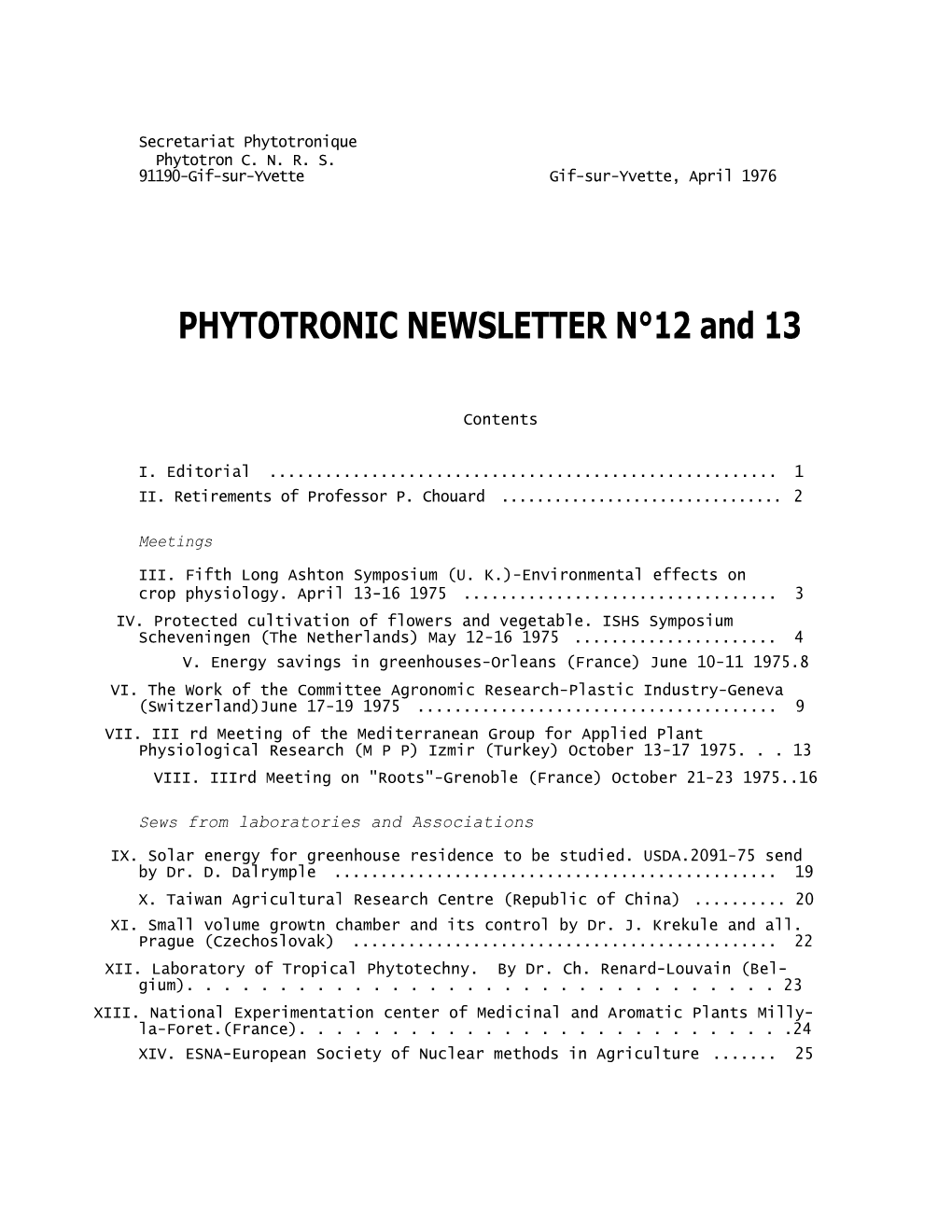 PHYTOTRONIC NEWSLETTER N°12 and 13
