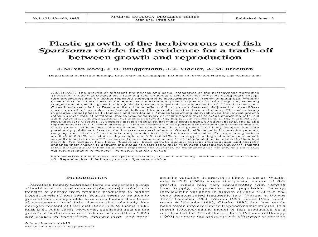 Plastic Growth of the Herbivorous Reef Fish Sparisoma Viride: Field Evidence for a Trade-Off Between Growth and Reproduction