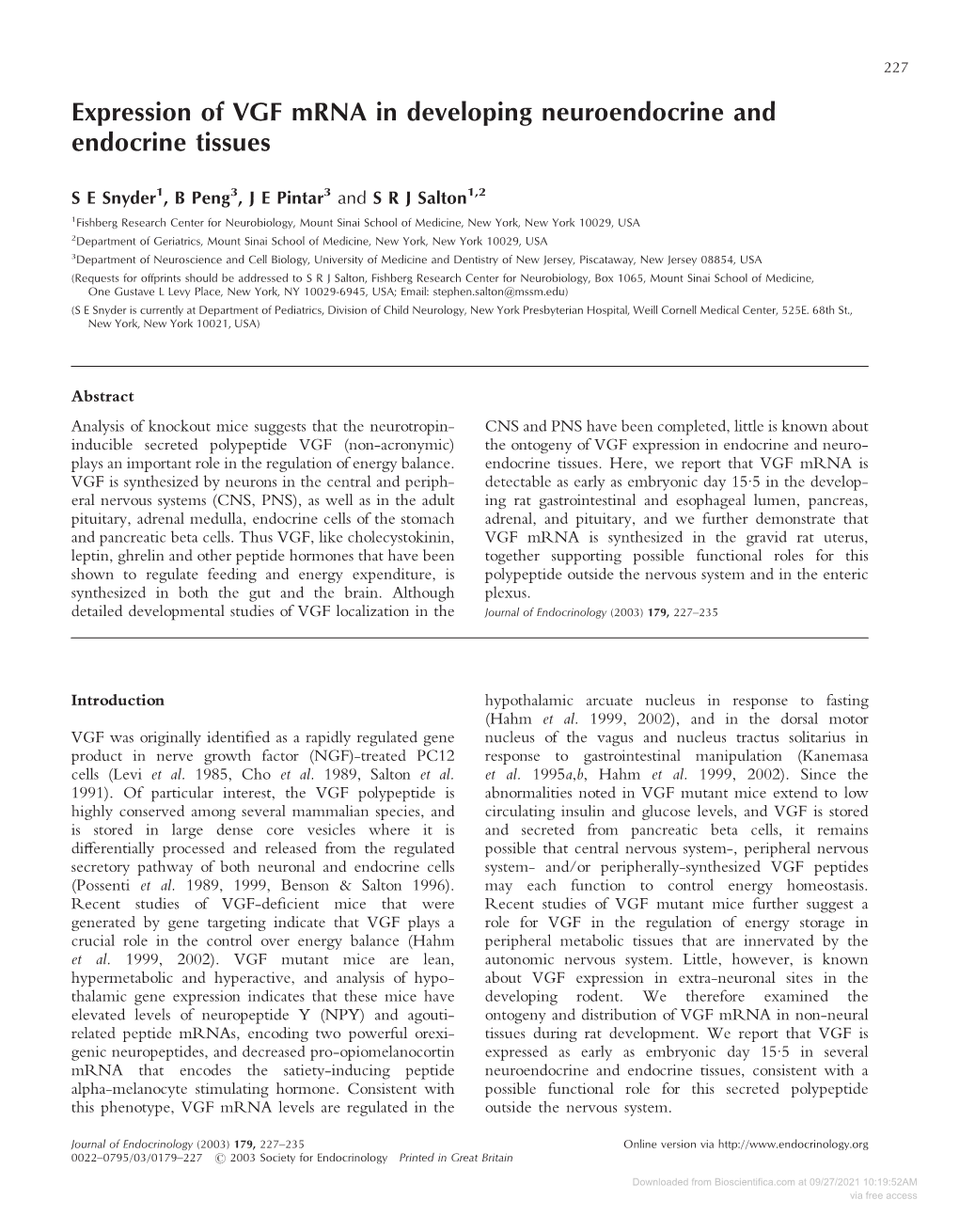 Expression of VGF Mrna in Developing Neuroendocrine and Endocrine Tissues