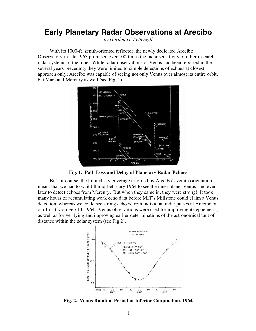 Early Planetary Radar Observations at Arecibo by Gordon H