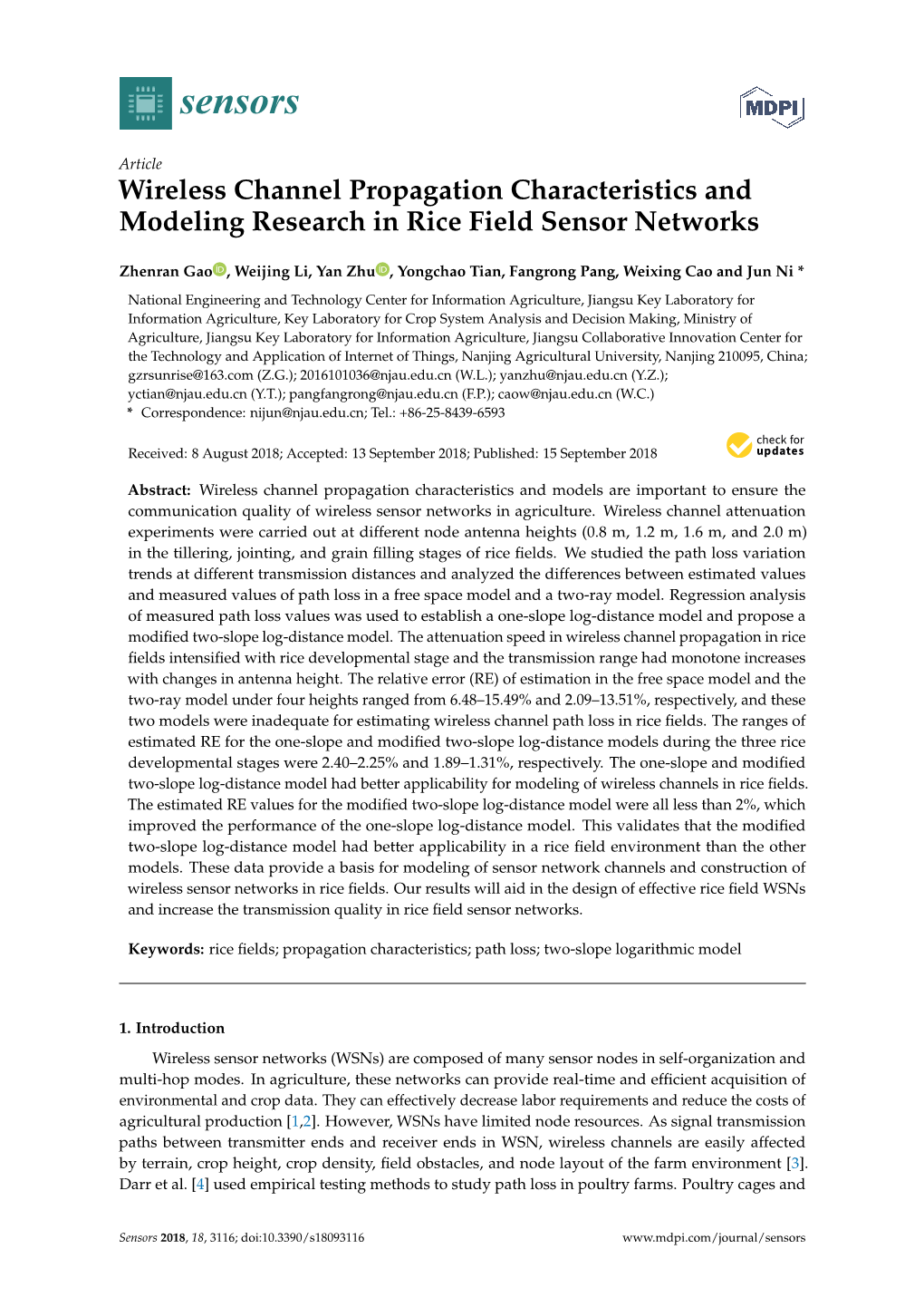 Wireless Channel Propagation Characteristics and Modeling Research in Rice Field Sensor Networks