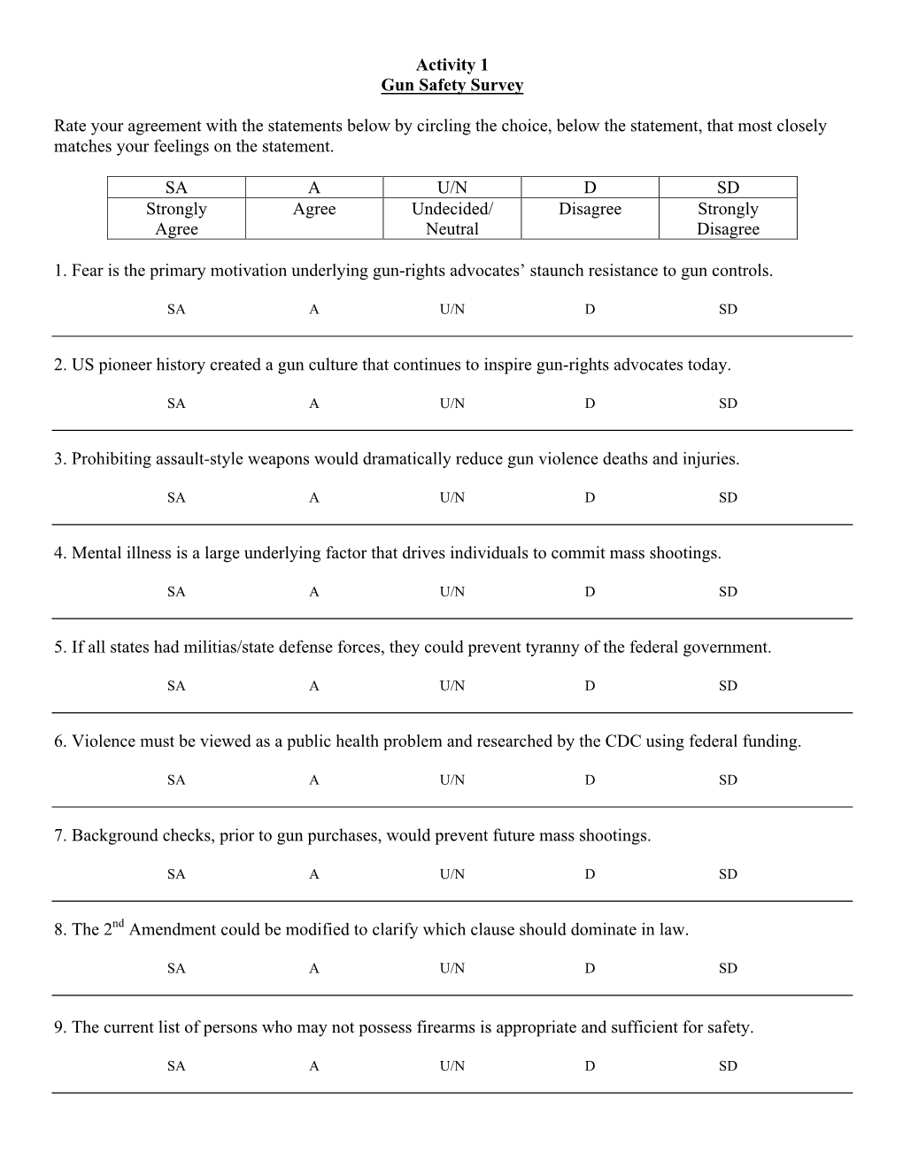 Activity 1 Gun Safety Survey Rate Your Agreement with the Statements