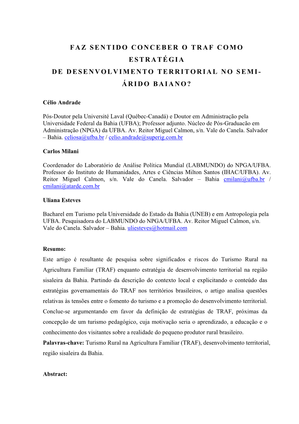 Faz Sentido Conceber O Traf Como Estratégia De Desenvolvimento Territorial No Semi- Árido Baiano?