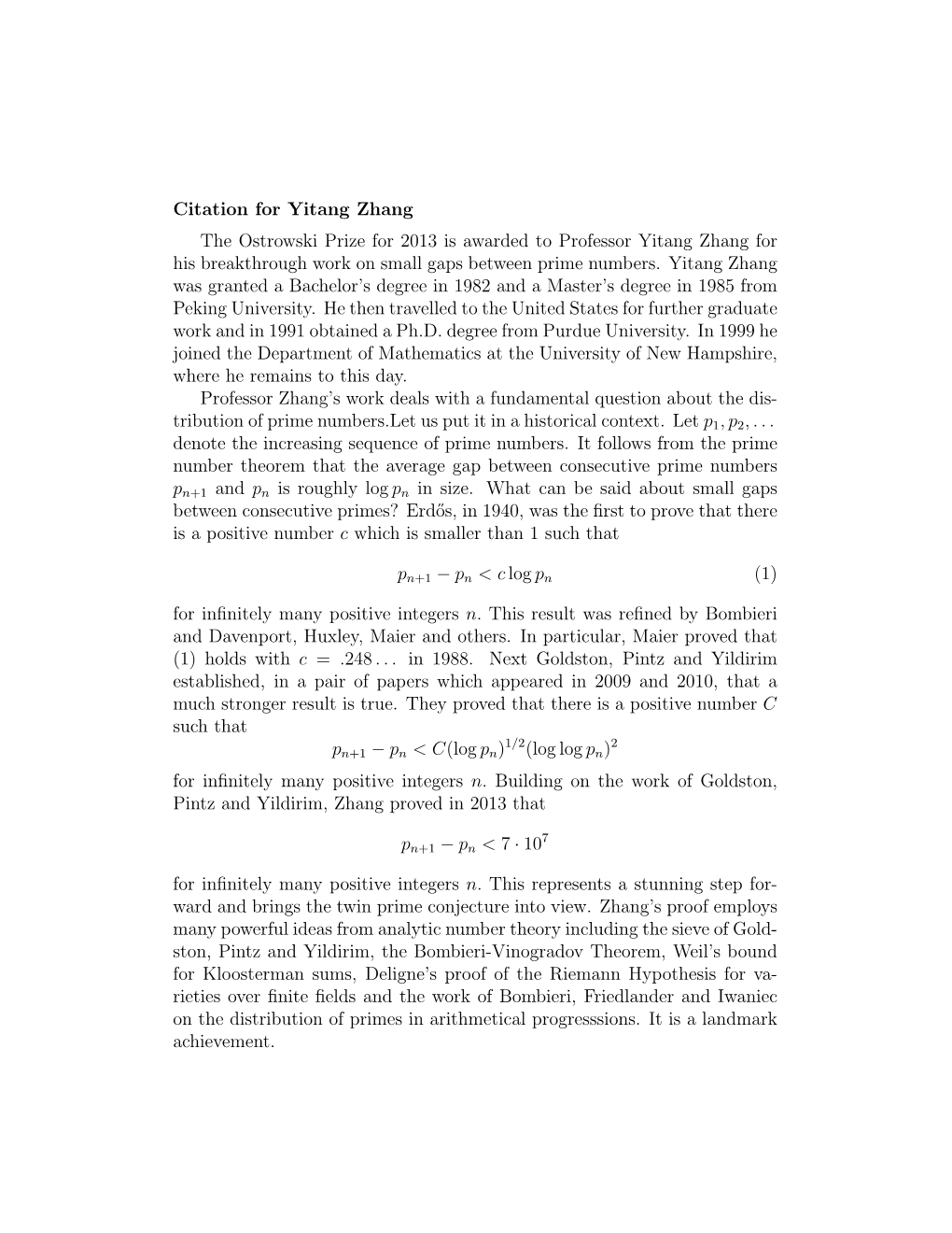 Citation for Yitang Zhang the Ostrowski Prize for 2013 Is Awarded to Professor Yitang Zhang for His Breakthrough Work on Small Gaps Between Prime Numbers