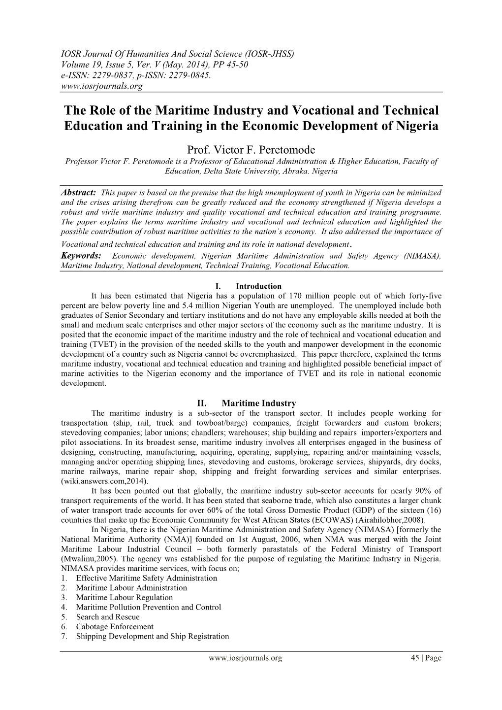The Role of the Maritime Industry and Vocational and Technical Education and Training in the Economic Development of Nigeria