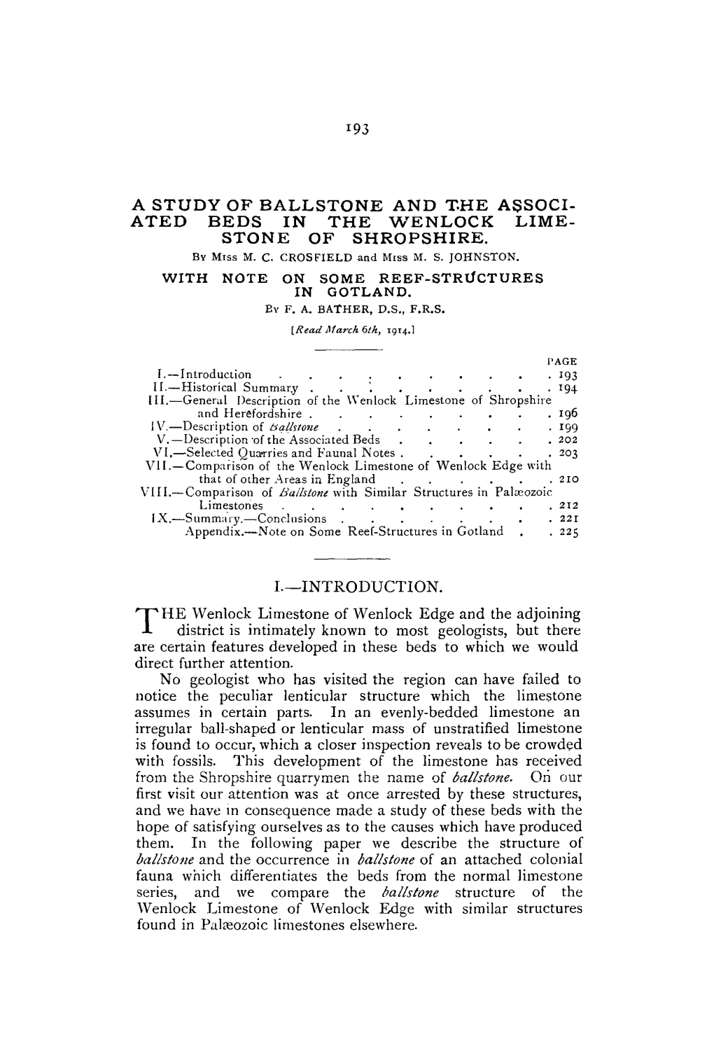 A Study of Ballstone and the Associated Beds in the Wenlock