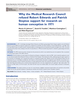 Why the Medical Research Council Refused Robert Edwards and Patrick Steptoe Support for Research On