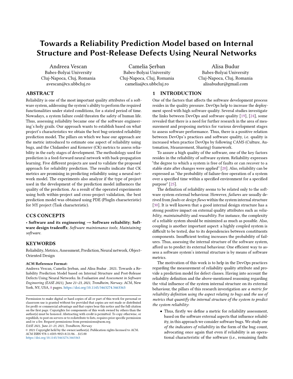 Towards a Reliability Prediction Model Based on Internal Structure and Post-Release Defects Using Neural Networks