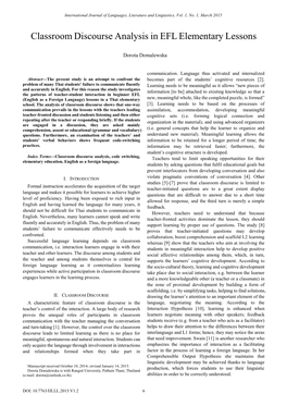 Classroom Discourse Analysis in EFL Elementary Lessons