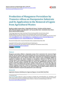 Production of Manganese Peroxidase by Trametes Villosa on Unexpensive Substrate and Its Application in the Removal of Lignin from Agricultural Wastes