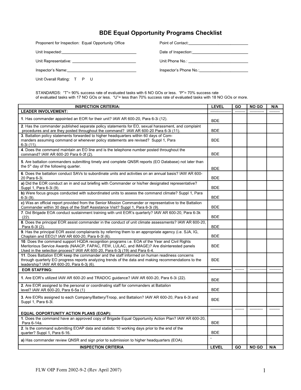 BDE Equal Opportunity Programs Checklist