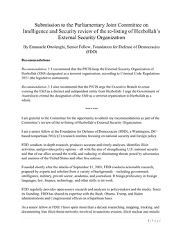 Submission to the Parliamentary Joint Committee on Intelligence and Security Review of the Re-Listing of Hezbollah's External