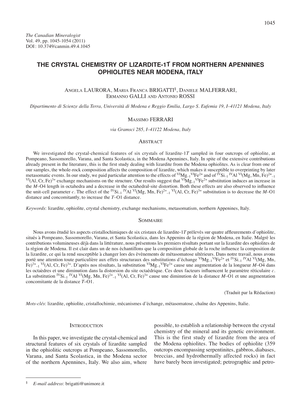 The Crystal Chemistry of Lizardite-1T from Northern Apennines Ophiolites Near Modena, Italy