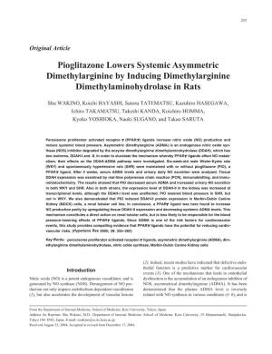 Pioglitazone Lowers Systemic Asymmetric Dimethylarginine by Inducing Dimethylarginine Dimethylaminohydrolase in Rats