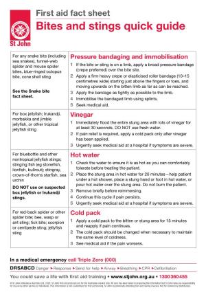 First Aid Fact Sheet Bites and Stings Quick Guide