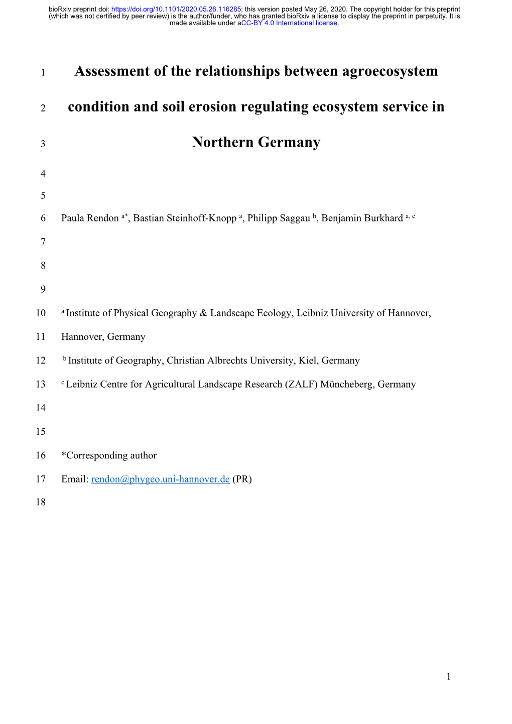 Assessment of the Relationships Between Agroecosystem Condition and Soil Erosion Regulating Ecosystem Service in Northern German