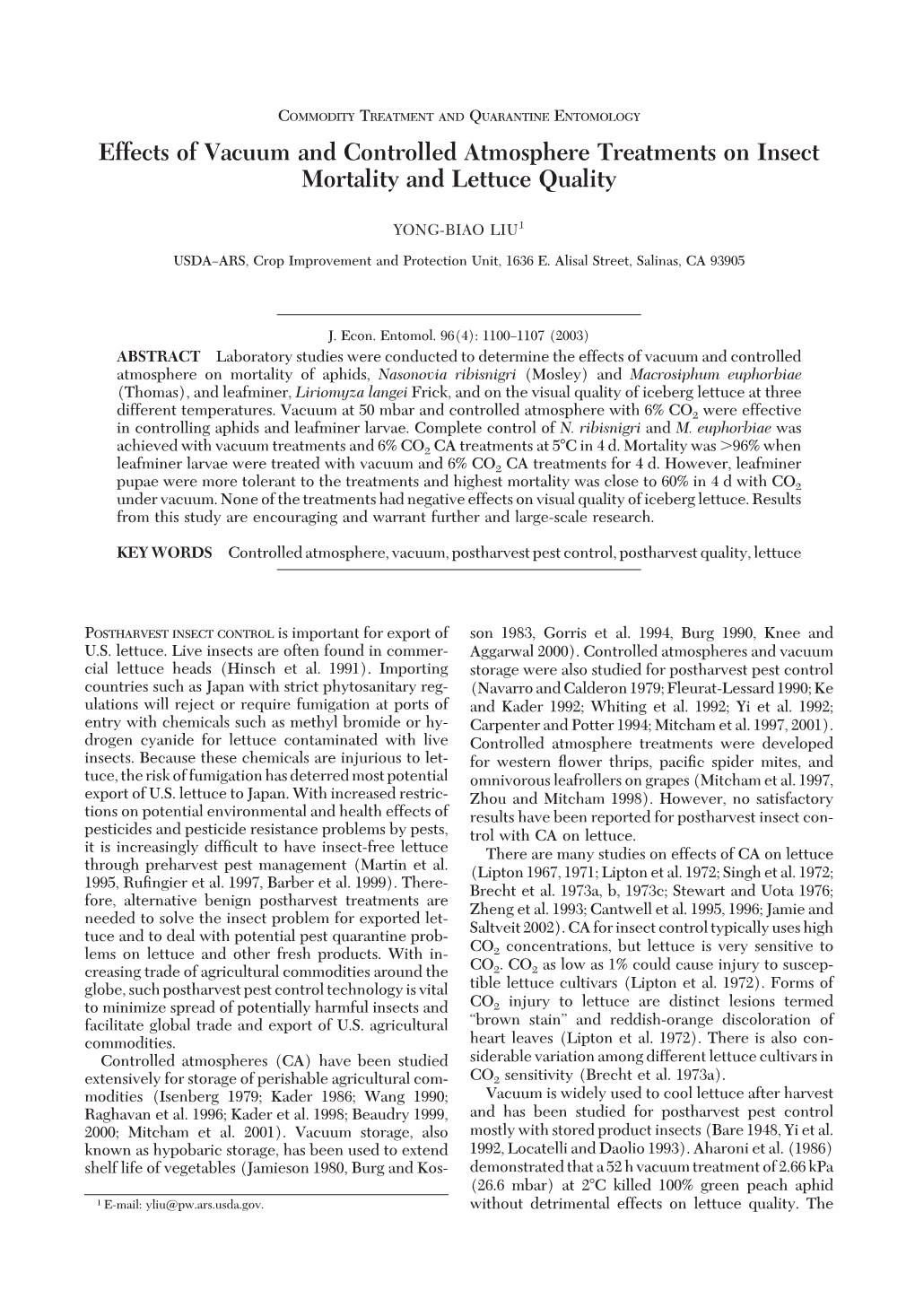 Effects of Vacuum and Controlled Atmosphere Treatments on Insect Mortality and Lettuce Quality